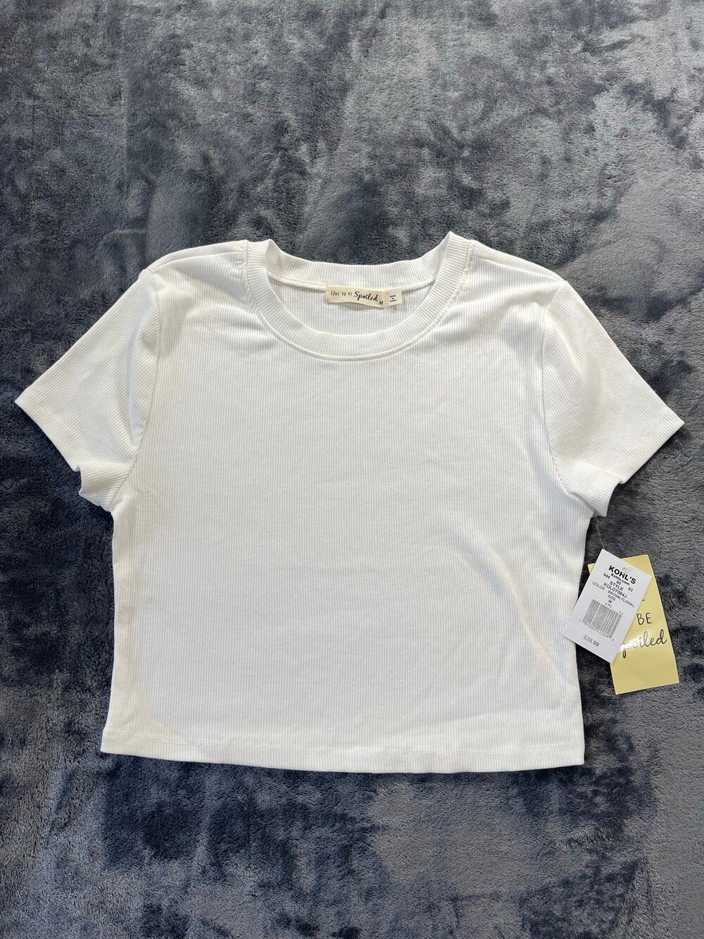 Live To Be Spoiled Creamy White Ribbed Short Sleeve Crop Top Baby Tee Size M
